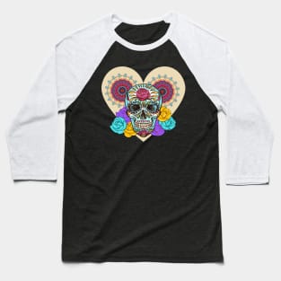 Valentines Sugar Skull Heart and Roses Baseball T-Shirt